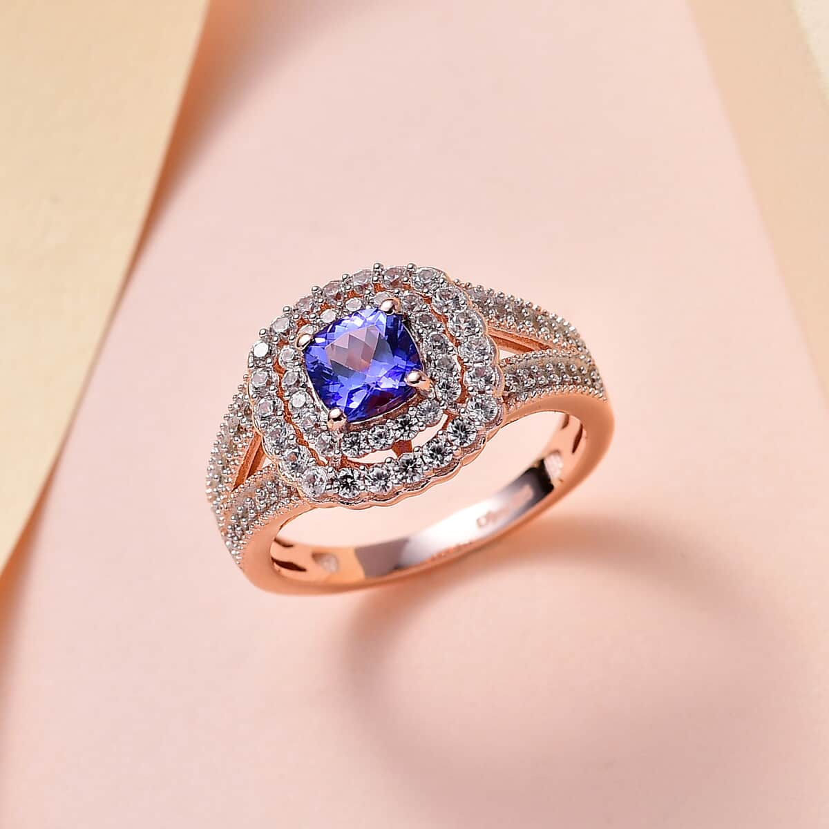 Premium Tanzanite and White Zircon Split Shank Ring in Vermeil Rose Gold Over Sterling Silver 1.85 ctw image number 1