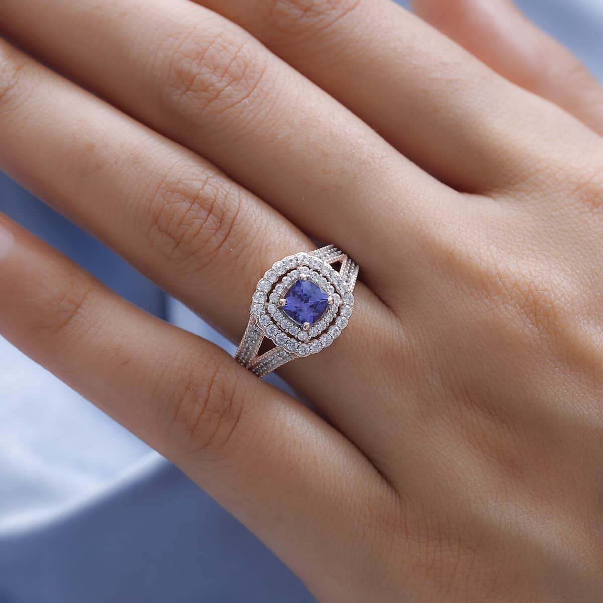 Premium Tanzanite and White Zircon Split Shank Ring in Vermeil Rose Gold Over Sterling Silver 1.85 ctw image number 2