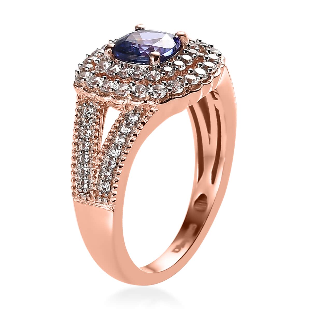 Premium Tanzanite and White Zircon Split Shank Ring in Vermeil Rose Gold Over Sterling Silver (Size 10.0) 1.85 ctw image number 3