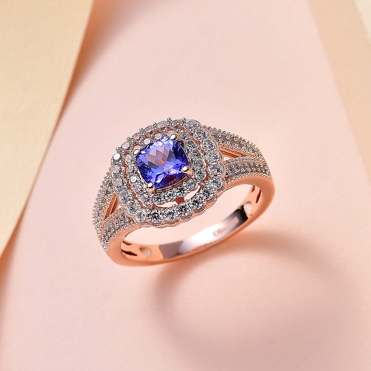 Premium Tanzanite and White Zircon Split Shank Ring in Vermeil Rose Gold Over Sterling Silver (Size 9.0) 1.85 ctw image number 1
