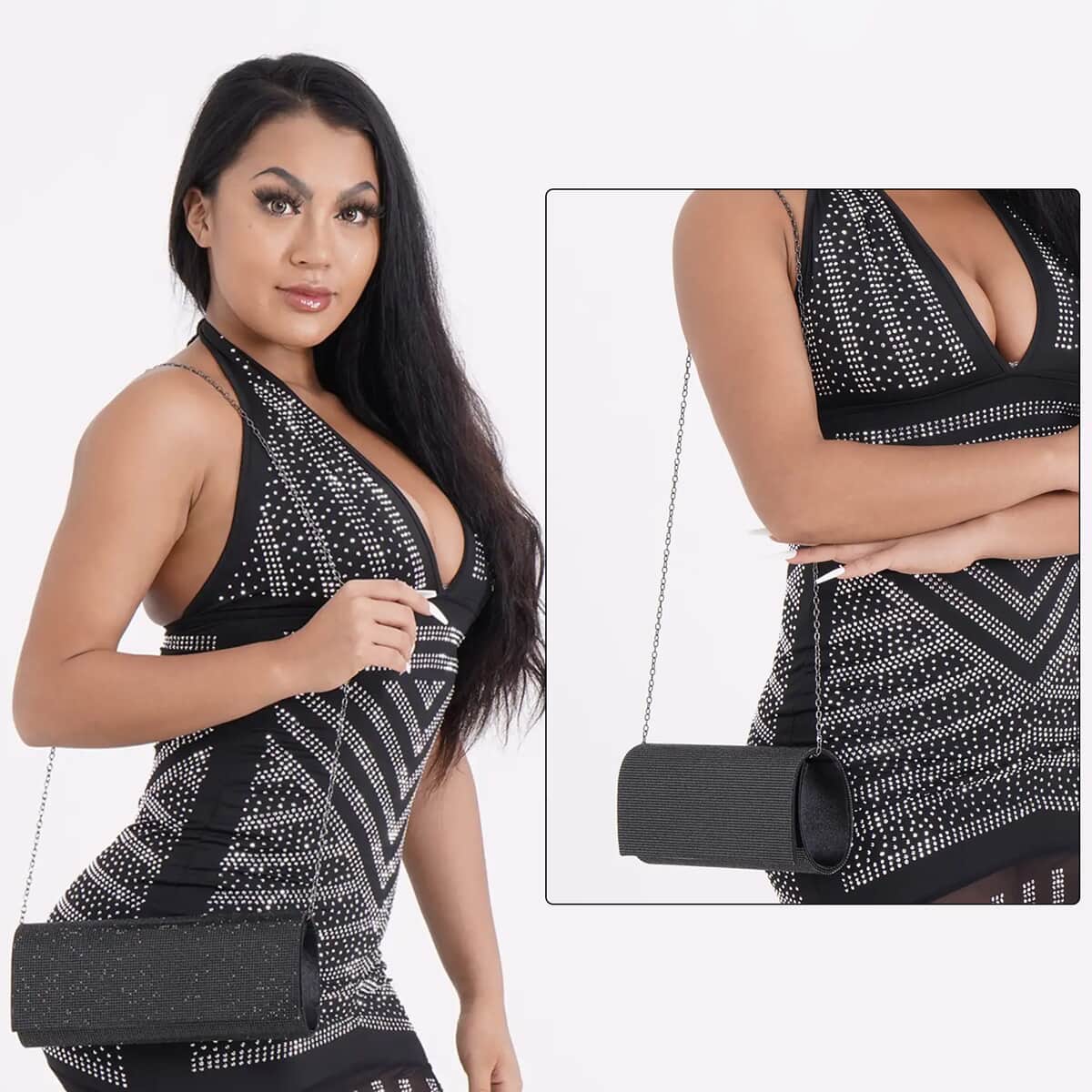 Black Color Crystal Clutch Bag with Shoulder Strap image number 1