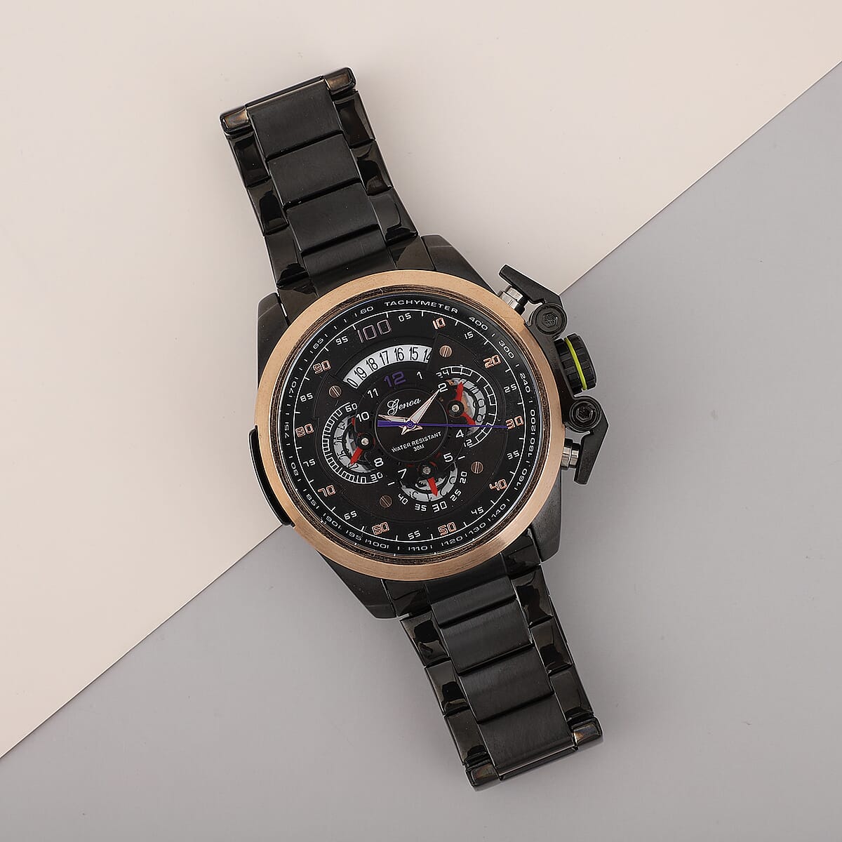 Genoa Multifunction Quartz Movement Watch with Black Dial Stainless Steel Strap and Back image number 1
