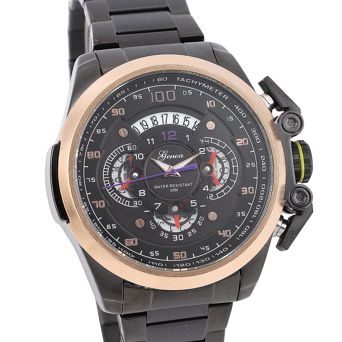 Genoa Multifunction Quartz Movement Watch with Black Dial Stainless Steel Strap and Back image number 3