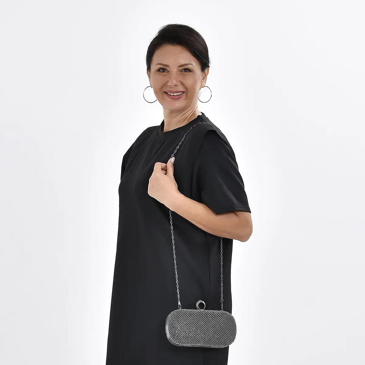 Black and White Sparkling Crystal Clutch Bag With Detachable Chain Strap 47 Inches image number 1