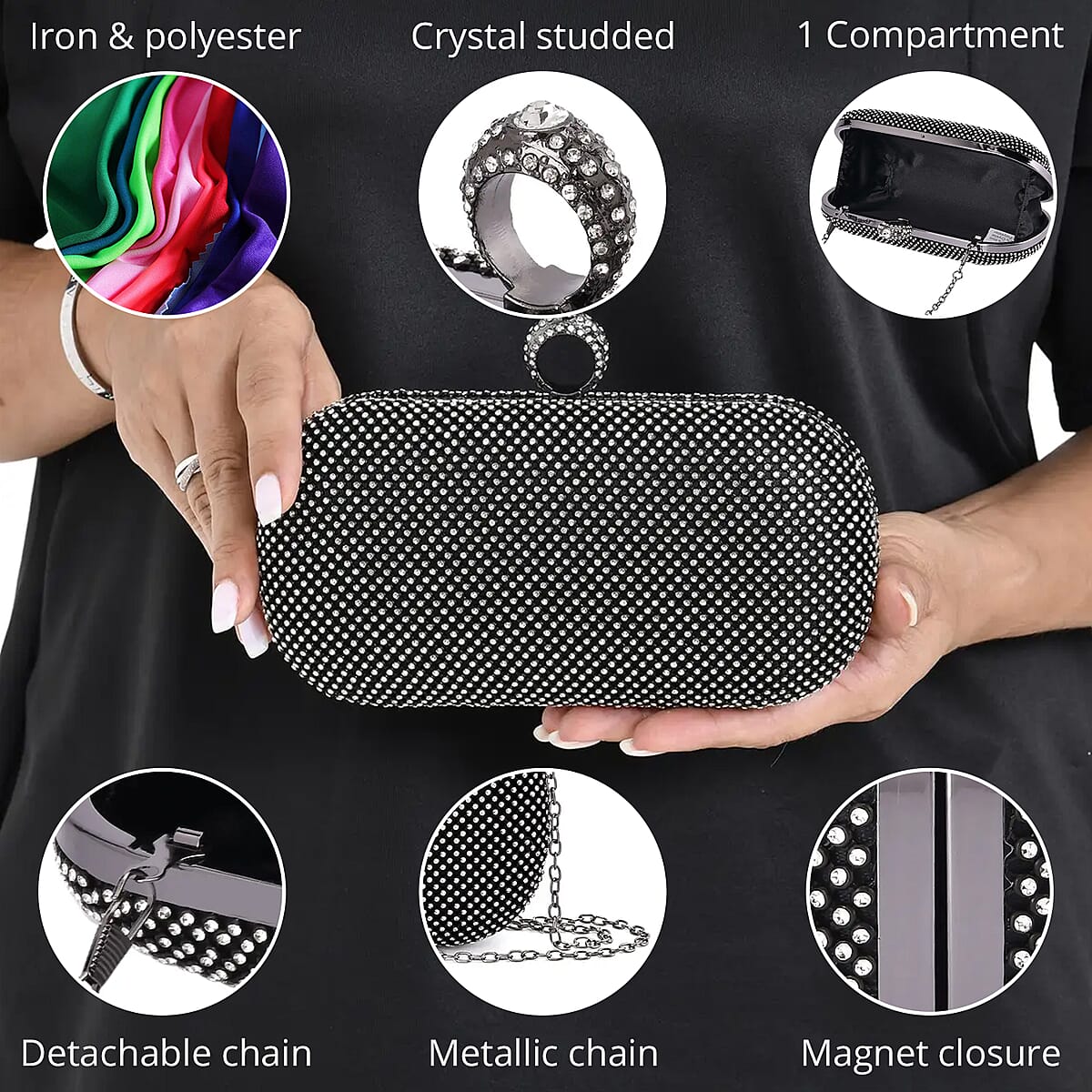 Black and White Sparkling Crystal Clutch Bag With Detachable Chain Strap 47 Inches image number 2