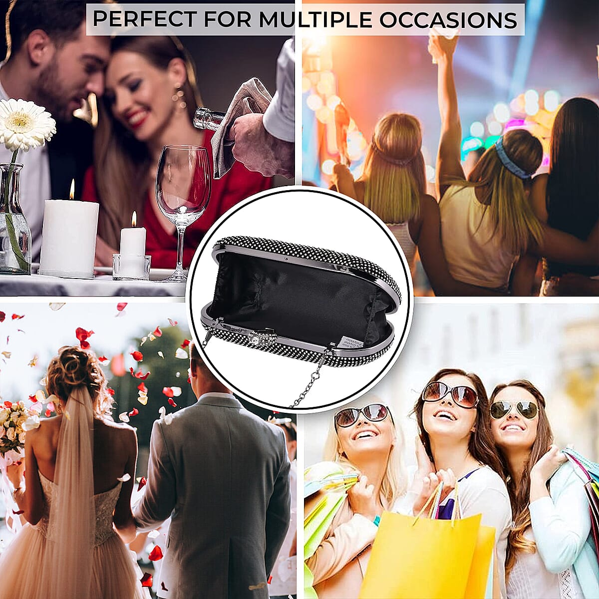 Black and White Sparkling Crystal Clutch Bag With Detachable Chain Strap 47 Inches image number 3