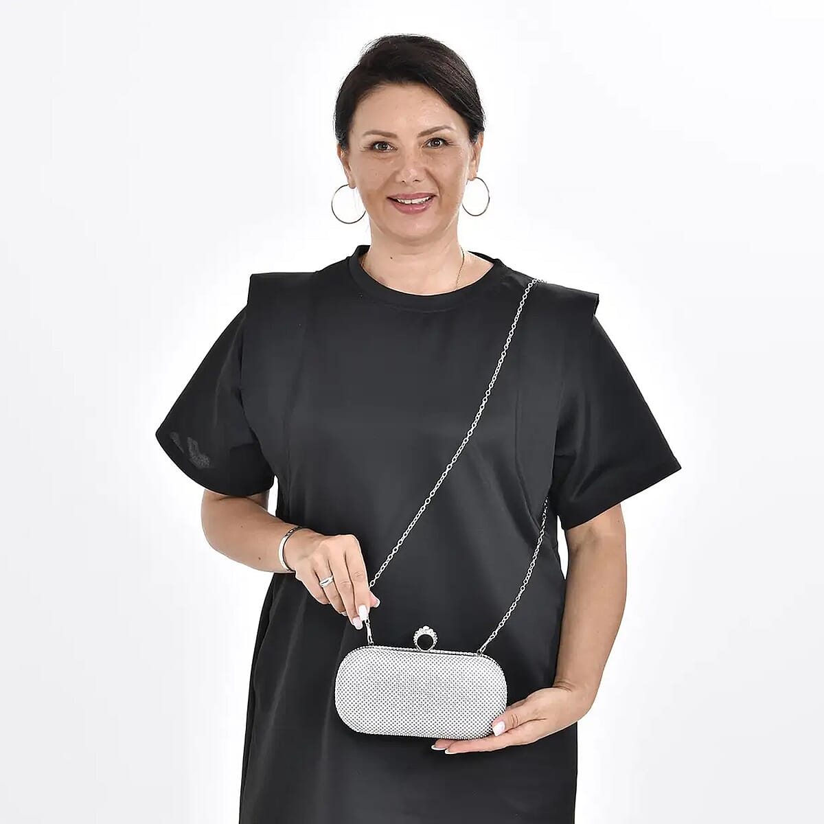 Light Silver Sparkling Crystal Clutch Bag with Detachable Chain Strap 47 Inches image number 1