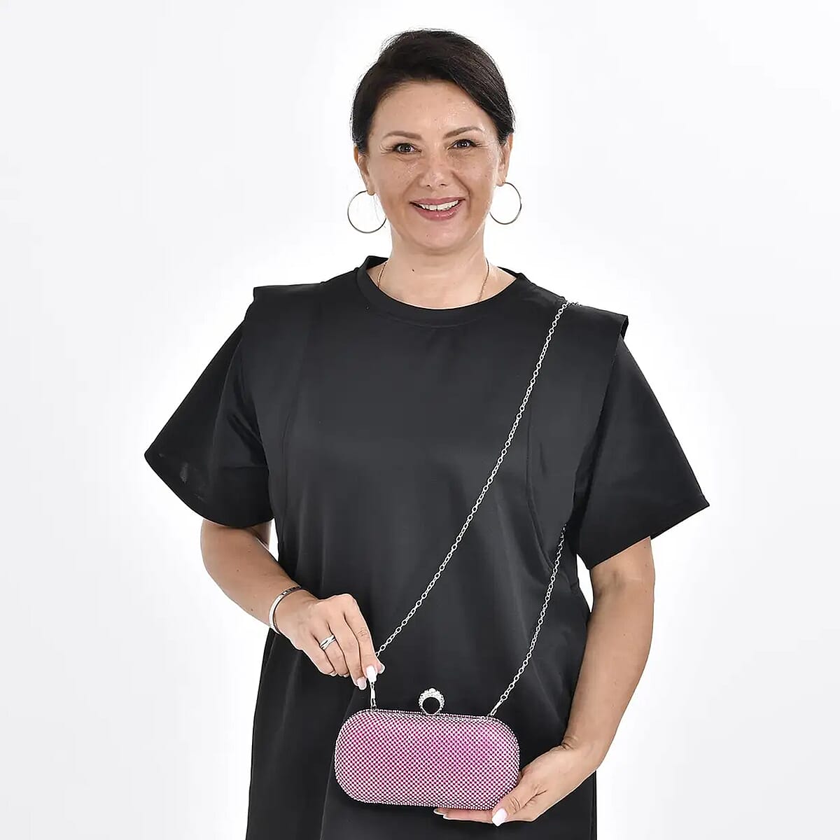 Light Fuchsia Sparkling Crystal Clutch Bag with Detachable Chain Strap 47 Inches image number 1