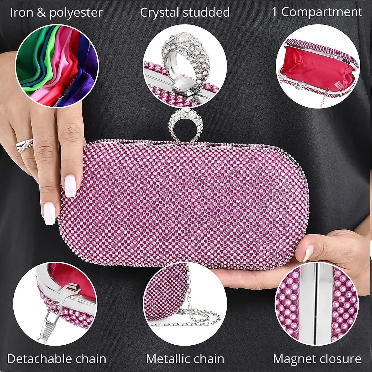 Light Fuchsia Sparkling Crystal Clutch Bag with Detachable Chain Strap 47 Inches image number 2