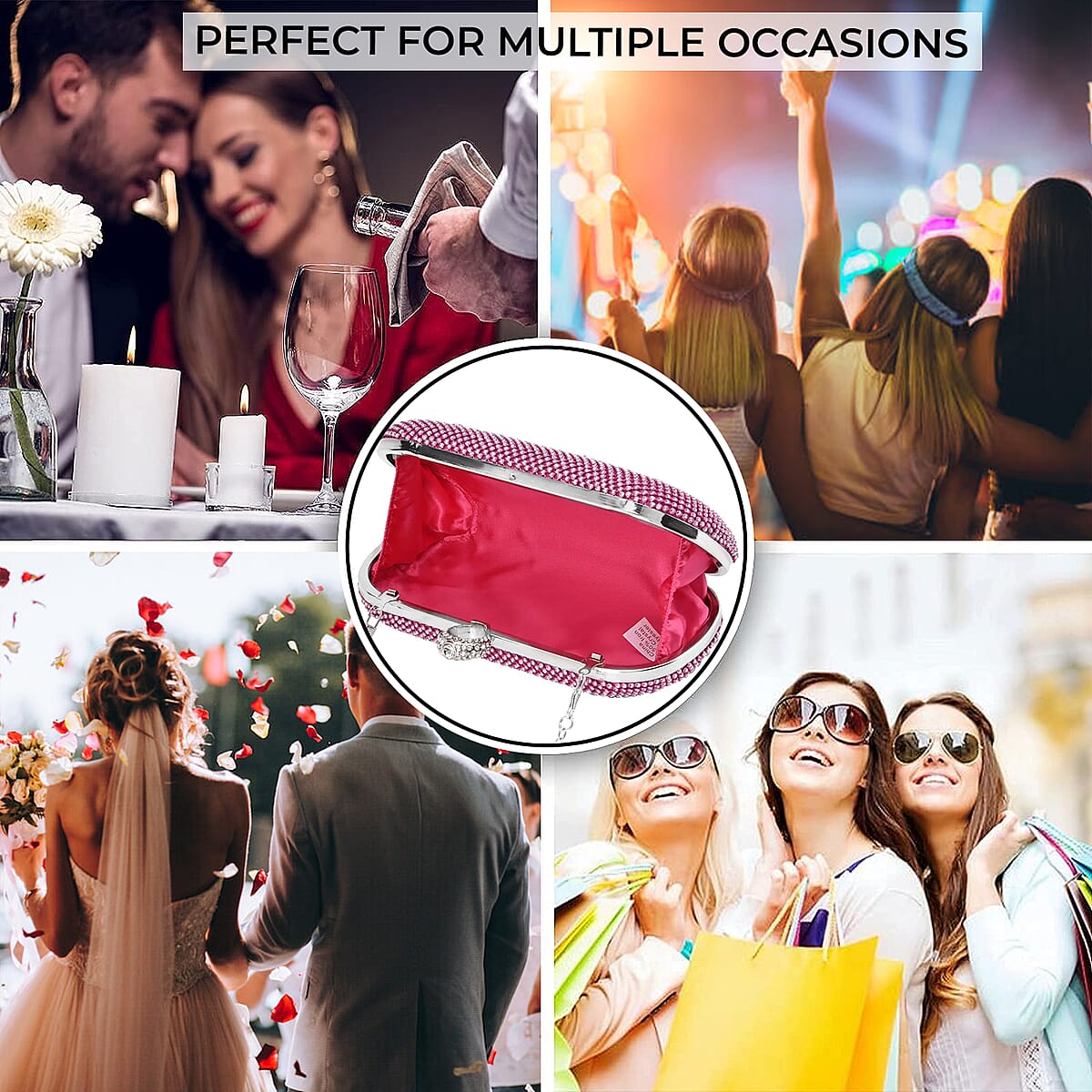 Light Fuchsia Sparkling Crystal Clutch Bag with Detachable Chain Strap 47 Inches image number 3