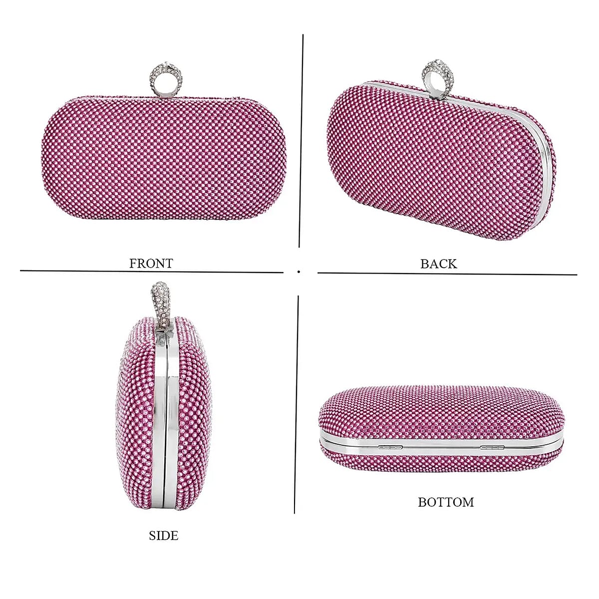 Light Fuchsia Sparkling Crystal Clutch Bag with Detachable Chain Strap 47 Inches image number 4