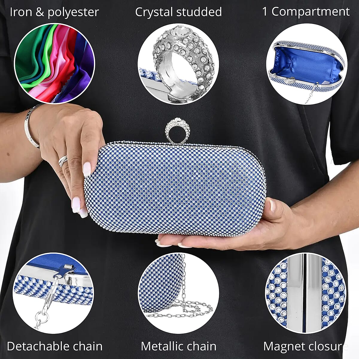 Light Blue Sparkling Austrian Crystal Clutch Bag with Detachable Chain Strap image number 2