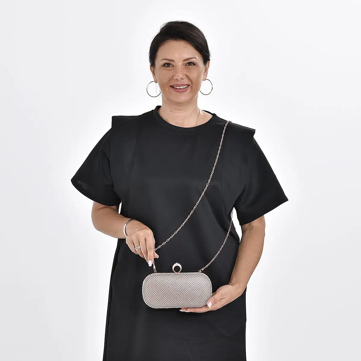 Light Champagne Sparkling Crystal Clutch Bag with Detachable Chain Strap 47 Inches image number 1