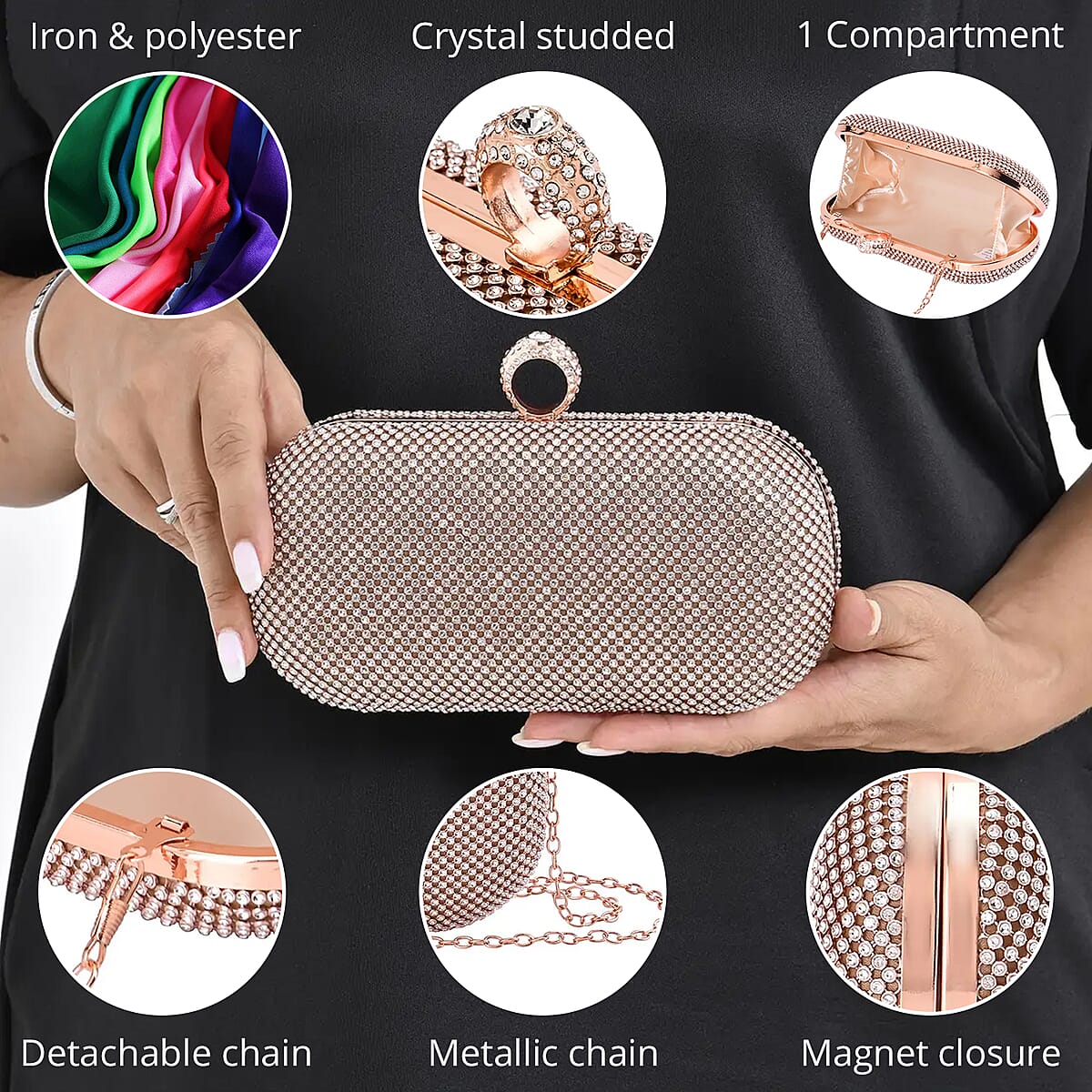 Light Champagne Sparkling Crystal Clutch Bag with Detachable Chain Strap 47 Inches image number 2