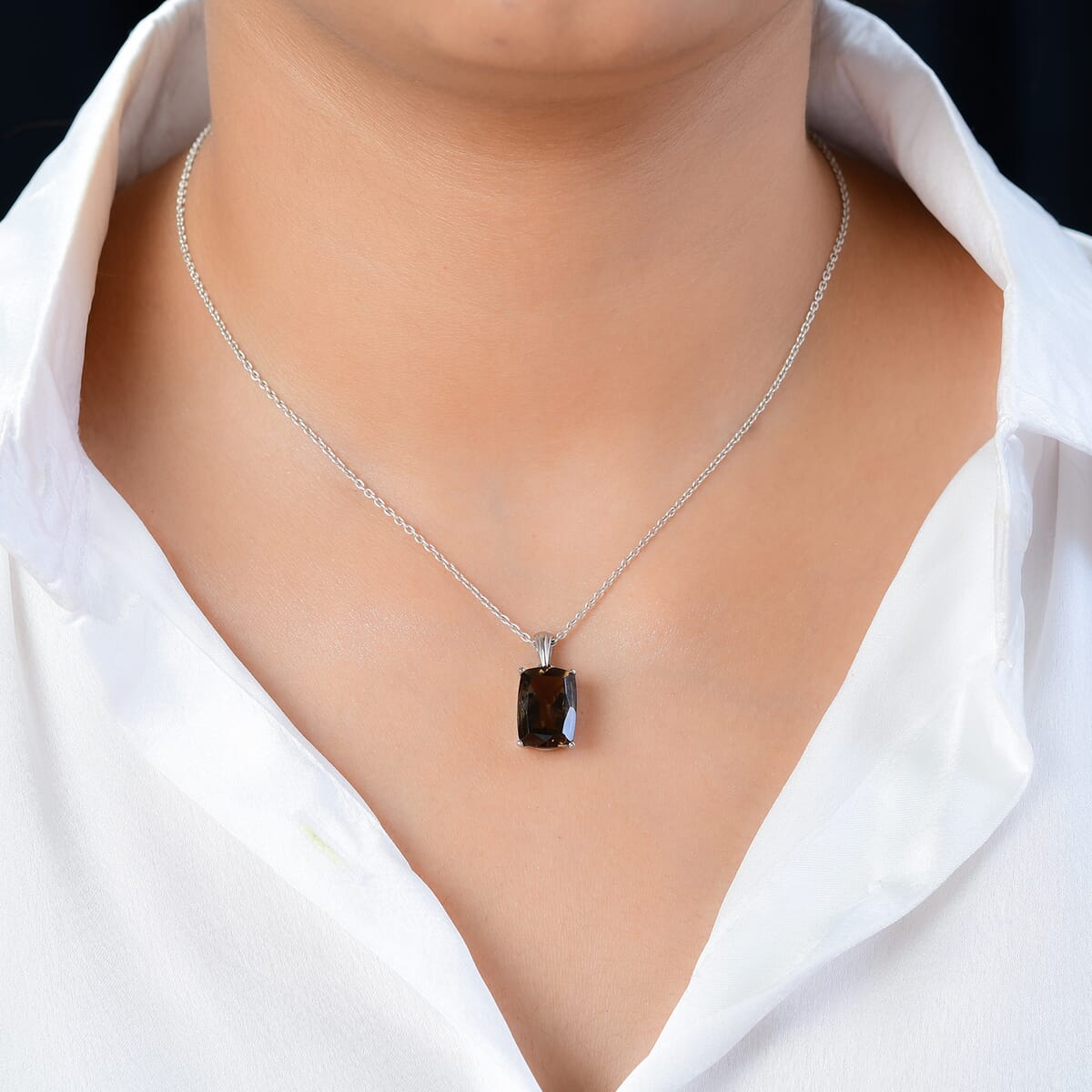 Brazilian Smoky Quartz Solitaire Pendant in Stainless Steel 6.60 ctw , Tarnish-Free, Waterproof, Sweat Proof Jewelry image number 2