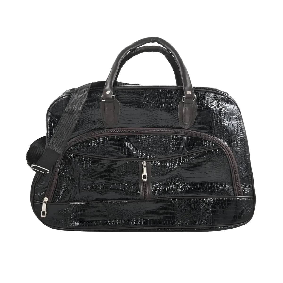 Black Crocodile Embossed Pattern Faux Leather Travel Bag with Handle Drop and Shoulder Strap image number 0