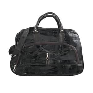 Black Crocodile Embossed Pattern Faux Leather Travel Bag with Handle Drop and Shoulder Strap