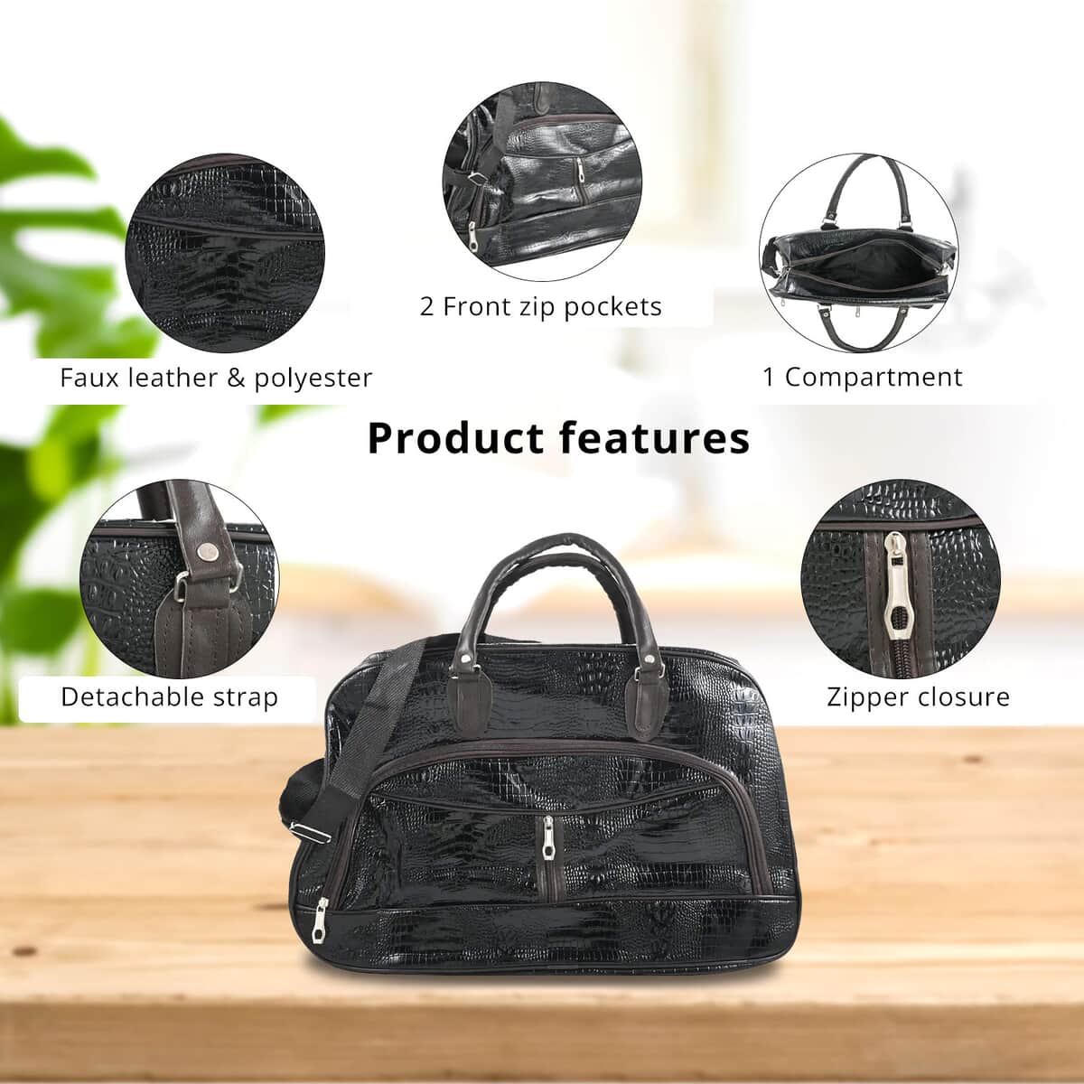 Black Crocodile Embossed Pattern Faux Leather Travel Bag with Handle Drop and Shoulder Strap image number 1