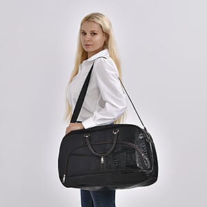 Black Crocodile Embossed Pattern Faux Leather Travel Bag with Handle Drop and Shoulder Strap