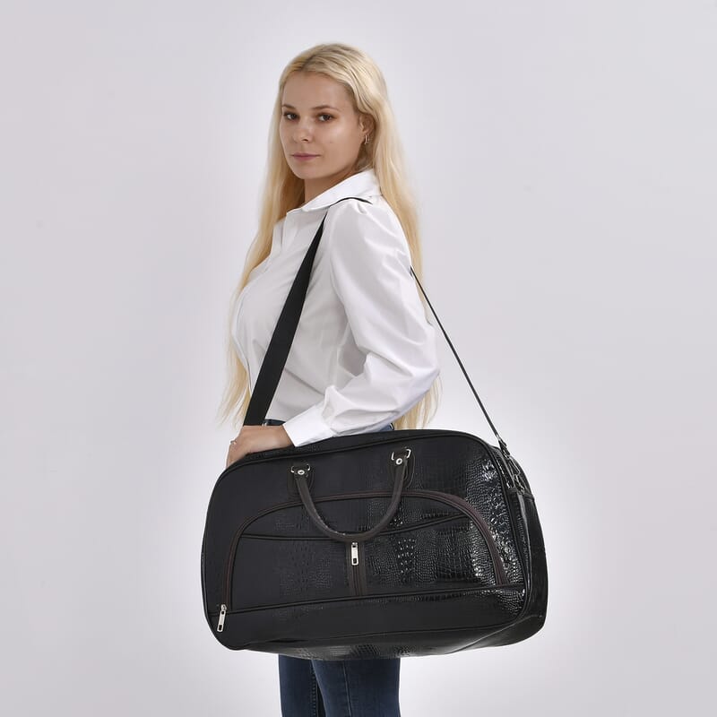 Black Crocodile Embossed Pattern Faux Leather Travel Bag with Handle Drop and Shoulder Strap