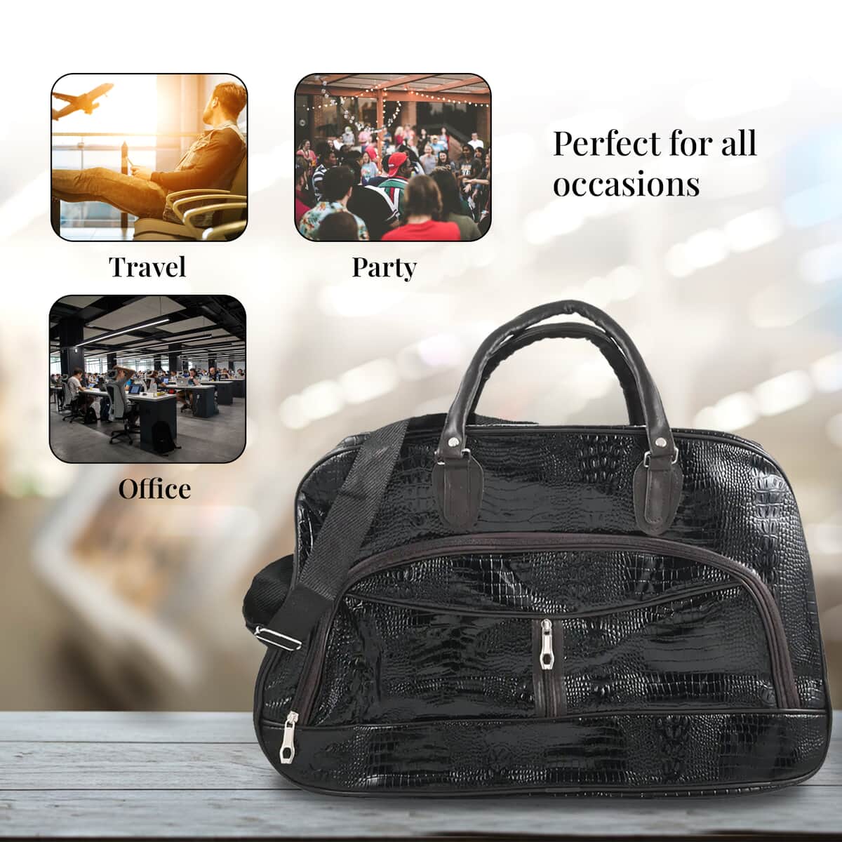 TLV Black Crocodile Pattern Faux Leather Travel Bag (21.65"x8.5"x13.39") with Handle Drop (5.5") and Shoulder Strap (40") image number 3