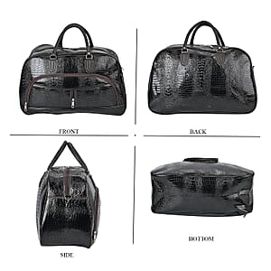 Black Crocodile Embossed Pattern Faux Leather Travel Bag with Handle Drop and Shoulder Strap