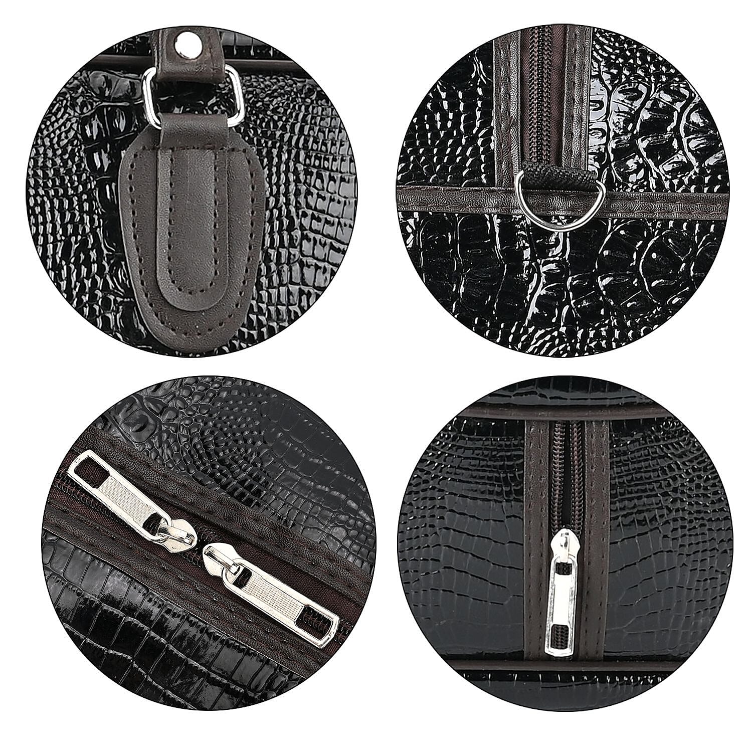 Black Crocodile Embossed Pattern Faux Leather Travel Bag with Handle Drop and Shoulder Strap