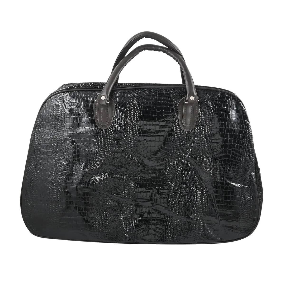Black Crocodile Embossed Pattern Faux Leather Travel Bag with Handle Drop and Shoulder Strap image number 6