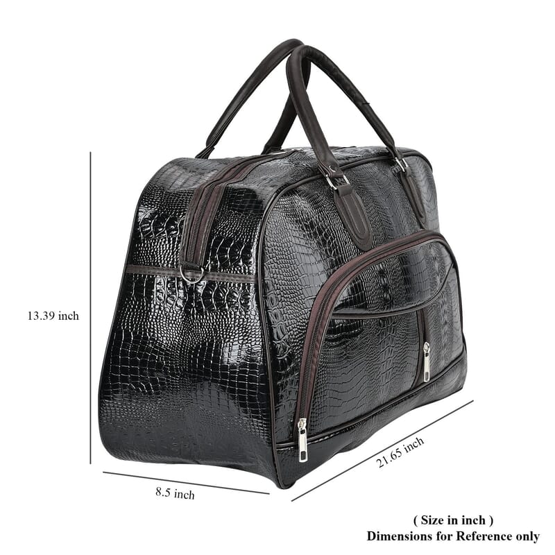 Black Crocodile Embossed Pattern Faux Leather Travel Bag with Handle Drop and Shoulder Strap