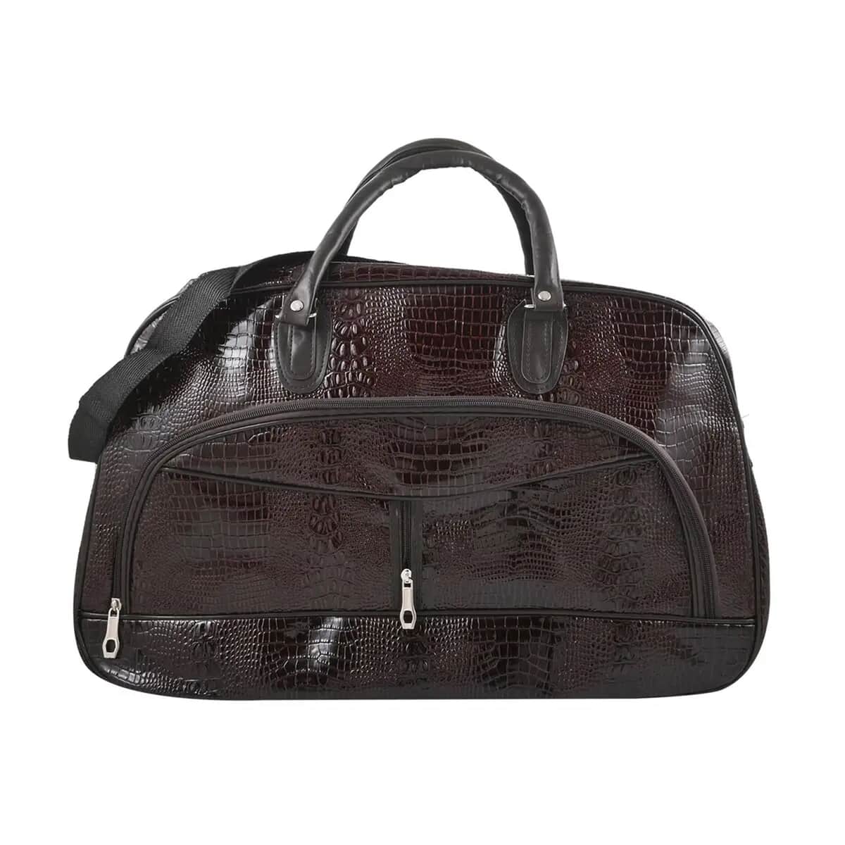 Coffee Crocodile Embossed Pattern Faux Leather Travel Bag with Handle Drop and Shoulder Strap image number 0