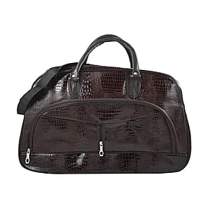 Coffee Crocodile Embossed Pattern Faux Leather Travel Bag with Handle Drop and Shoulder Strap