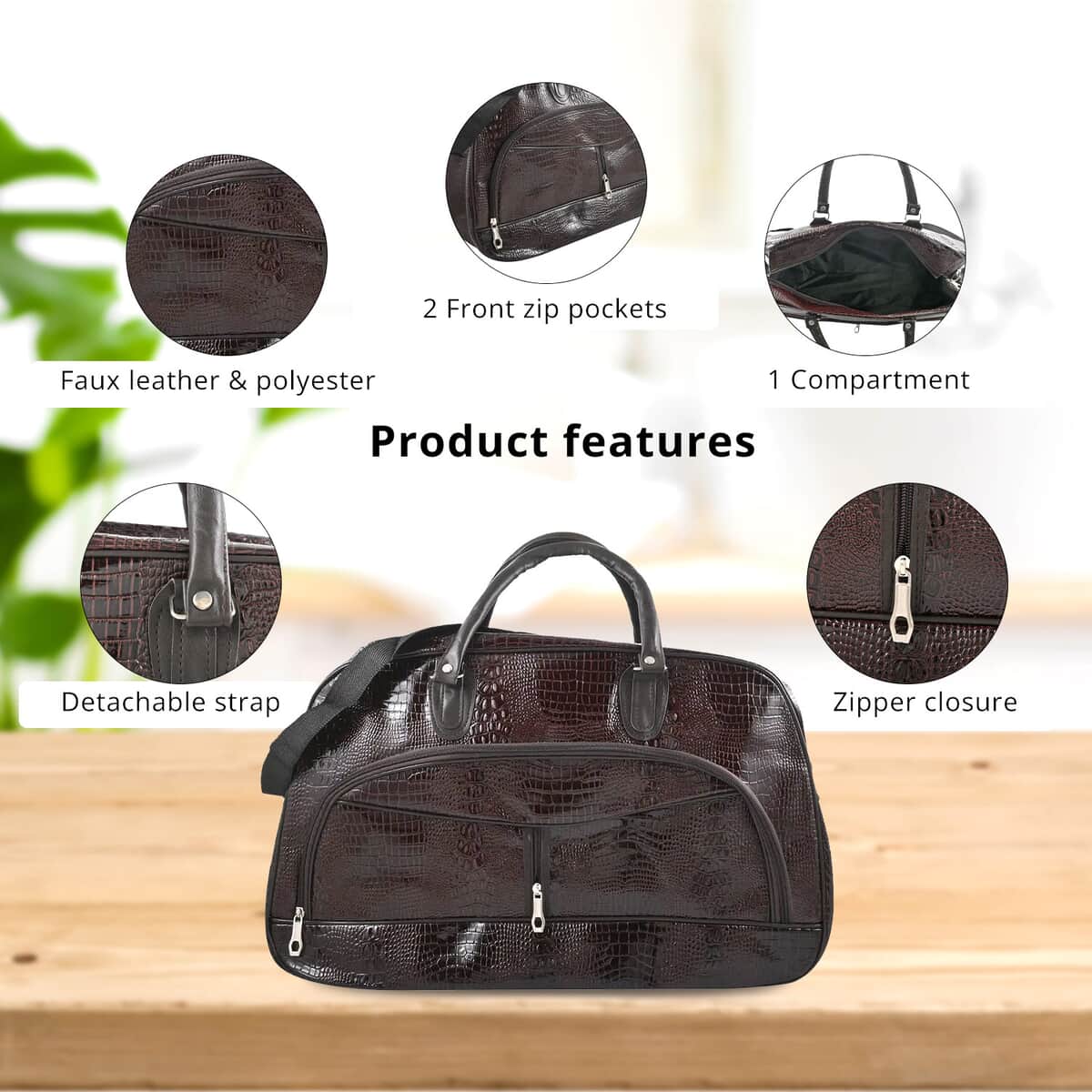 Coffee Crocodile Embossed Pattern Faux Leather Travel Bag with Handle Drop and Shoulder Strap image number 1