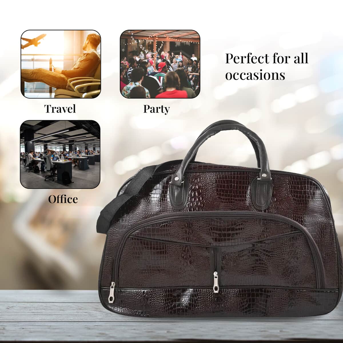 Coffee Crocodile Embossed Pattern Faux Leather Travel Bag with Handle Drop and Shoulder Strap image number 3