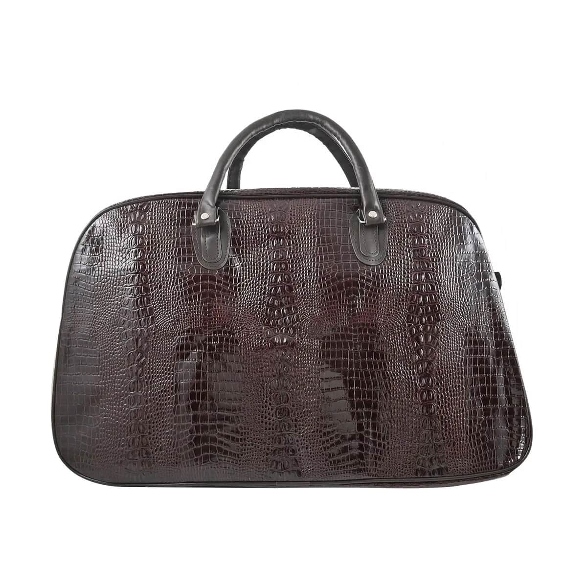 Coffee Crocodile Embossed Pattern Faux Leather Travel Bag with Handle Drop and Shoulder Strap image number 6