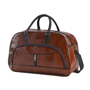 Tan Crocodile Embossed Pattern Faux Leather Travel Bag with Handle Drop and Shoulder Strap