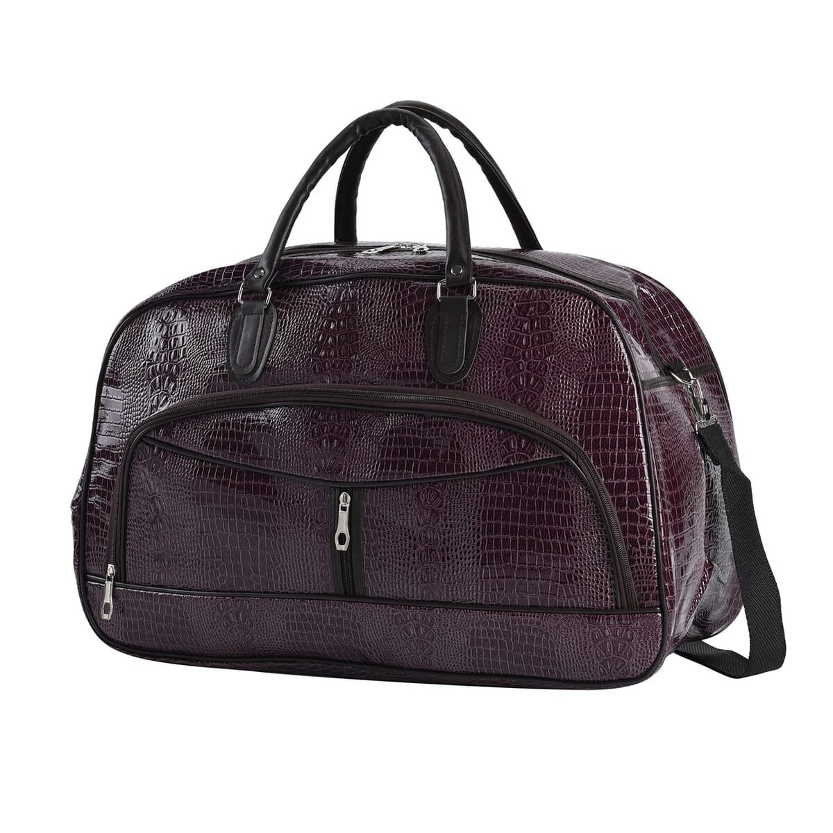 Purple Crocodile Embossed Pattern Faux Leather Travel Bag with Handle Drop and Shoulder Strap image number 0