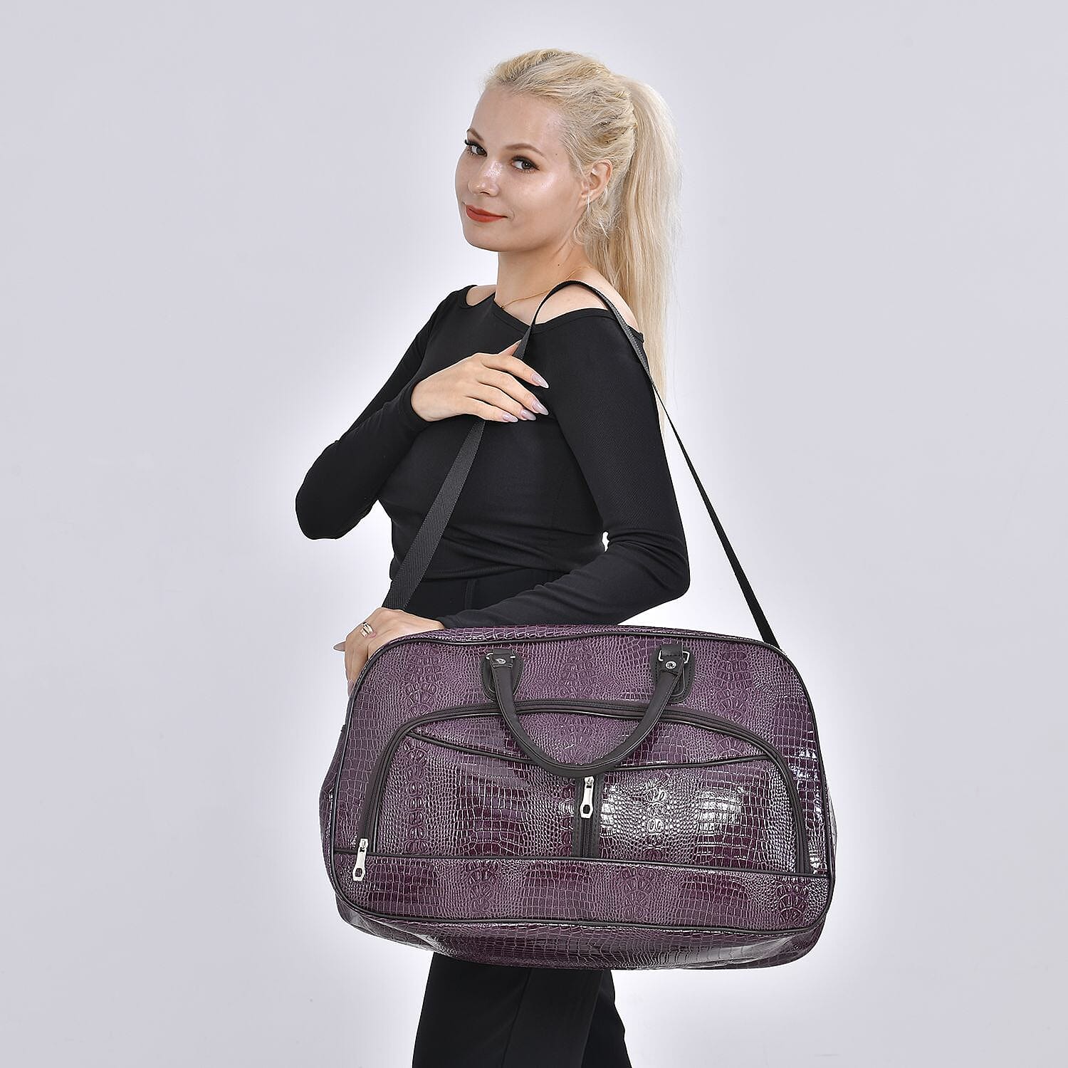 パープル クロコダイル　バッグ Buy Purple Crocodile Embossed Pattern Faux Leather Travel