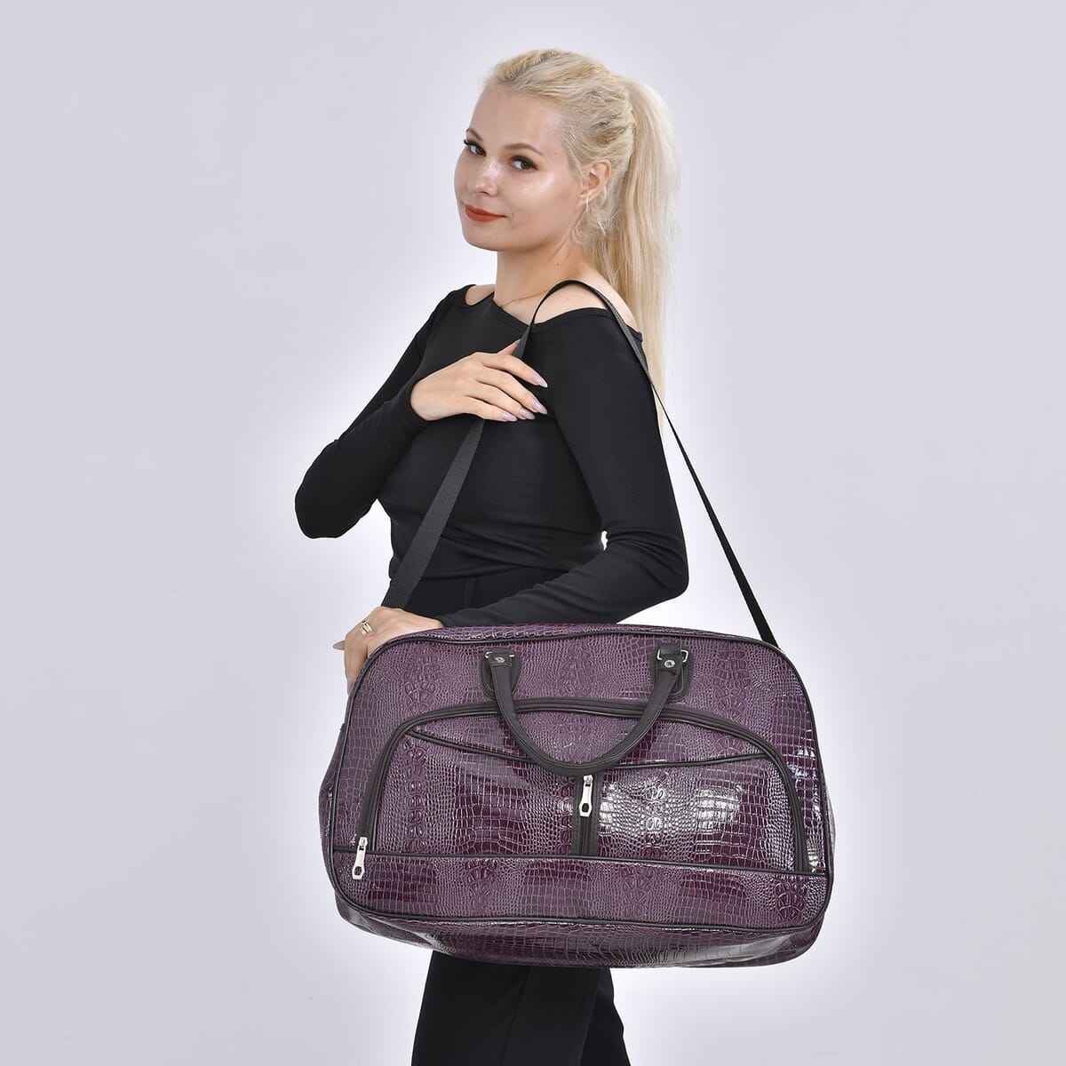 Purple Crocodile Embossed Pattern Faux Leather Travel Bag with Handle Drop and Shoulder Strap image number 1