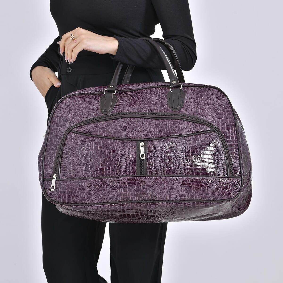 Purple Crocodile Embossed Pattern Faux Leather Travel Bag with Handle Drop and Shoulder Strap image number 2