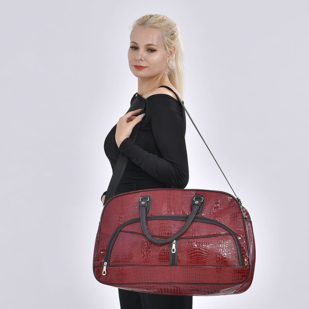 Red Crocodile Embossed Pattern Faux Leather Travel Bag with Handle Drop and Shoulder Strap image number 1