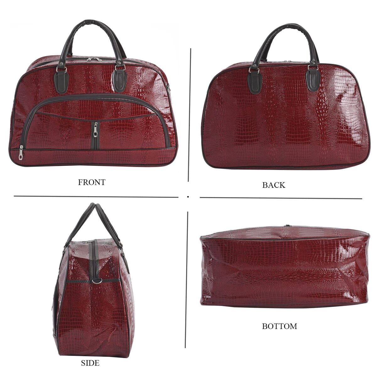 Red Crocodile Embossed Pattern Faux Leather Travel Bag with Handle Drop and Shoulder Strap image number 3