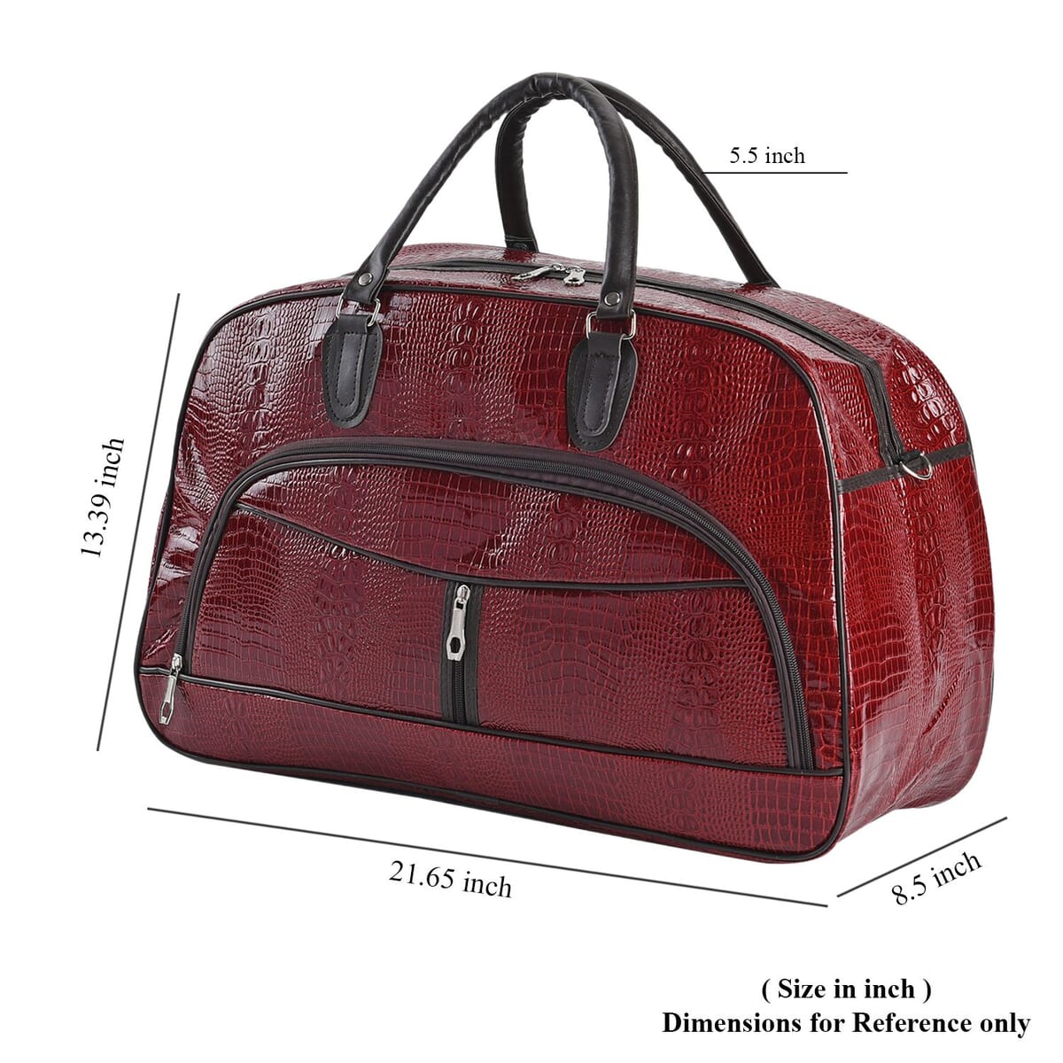 Red Crocodile Embossed Pattern Faux Leather Travel Bag with Handle Drop and Shoulder Strap image number 6