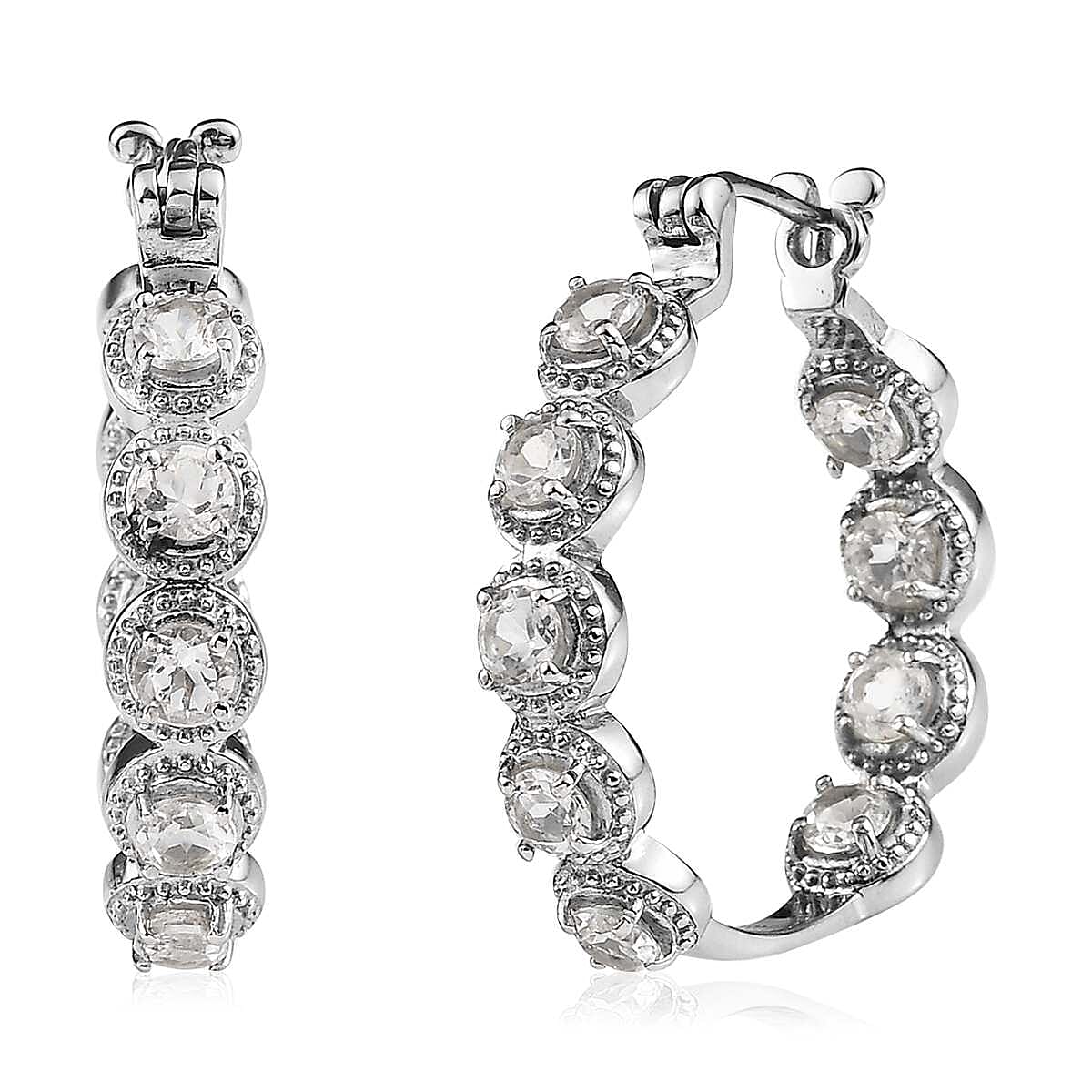 White Topaz Hoop Earrings in Stainless Steel 6.00 ctw , Tarnish-Free, Waterproof, Sweat Proof Jewelry image number 0
