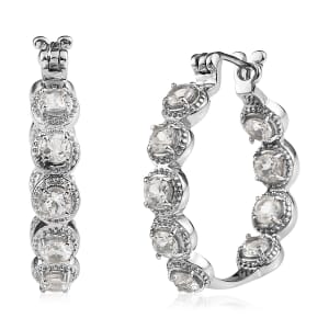 White Topaz Hoop Earrings in Stainless Steel 6.00 ctw , Tarnish-Free, Waterproof, Sweat Proof Jewelry