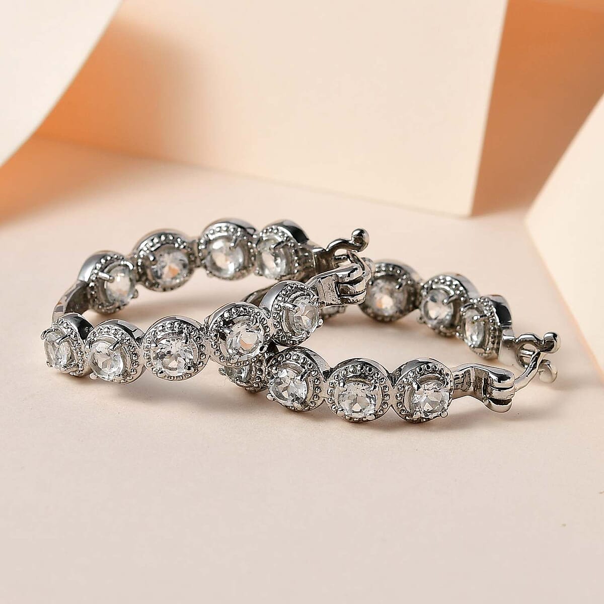 White Topaz Hoop Earrings in Stainless Steel 6.00 ctw , Tarnish-Free, Waterproof, Sweat Proof Jewelry image number 1