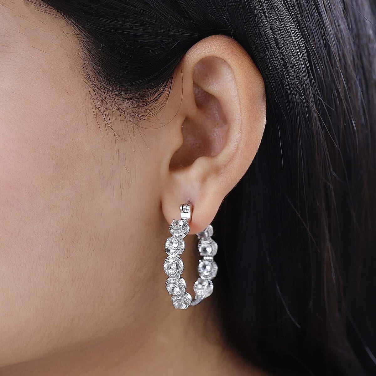 White Topaz Hoop Earrings in Stainless Steel 6.00 ctw , Tarnish-Free, Waterproof, Sweat Proof Jewelry image number 2