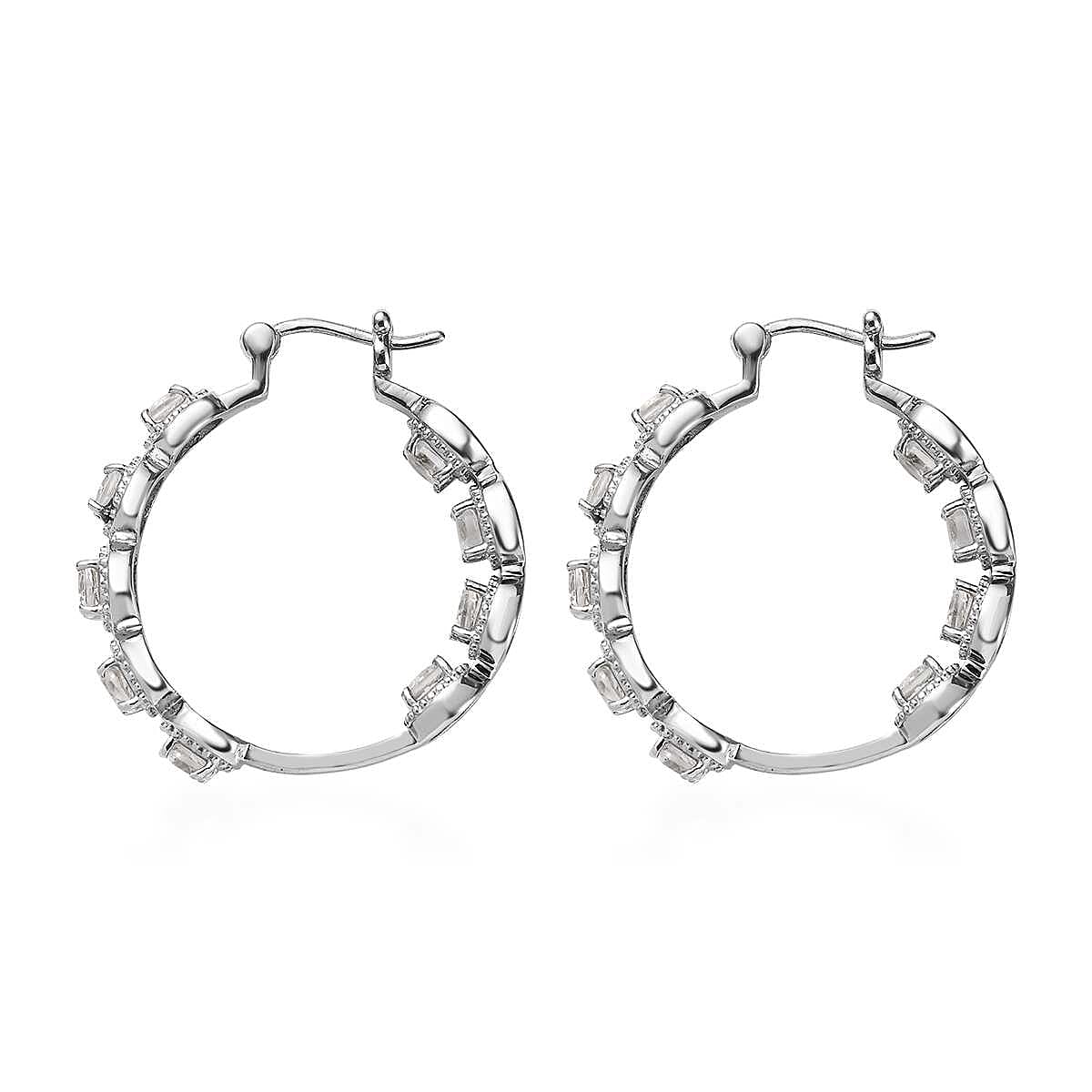 White Topaz Hoop Earrings in Stainless Steel 6.00 ctw , Tarnish-Free, Waterproof, Sweat Proof Jewelry image number 3