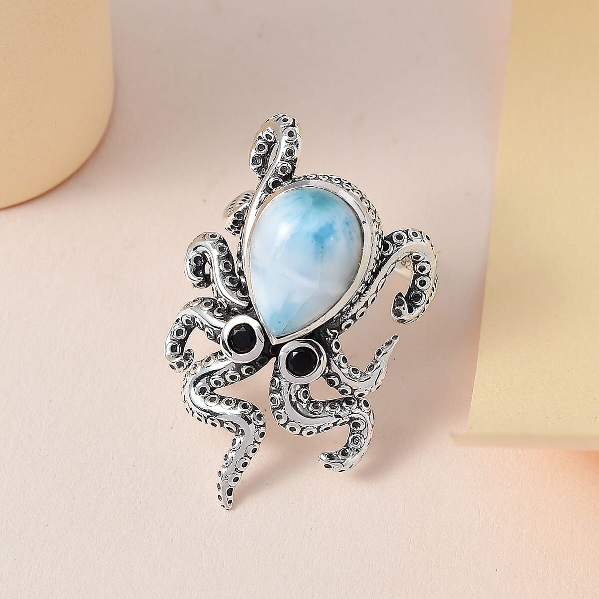 GP Trionfo Collection Premium Larimar and Thai Black Spinel 6.50 ctw Octopus Ring in Sterling Silver (Size 7.0) image number 1