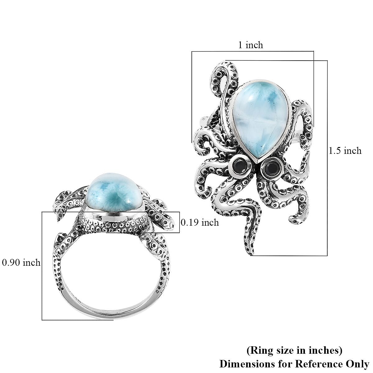 GP Trionfo Collection Premium Larimar and Thai Black Spinel 6.50 ctw Octopus Ring in Sterling Silver (Size 7.0) image number 5