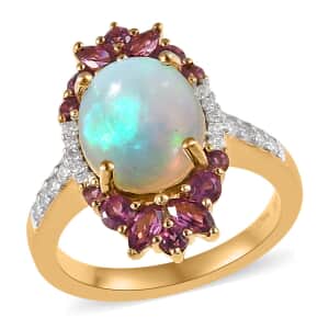 Ethiopian Welo Opal and Multi Gemstone Floral Ring in Vermeil Yellow Gold Over Sterling Silver (Size 6.0) 3.40 ctw